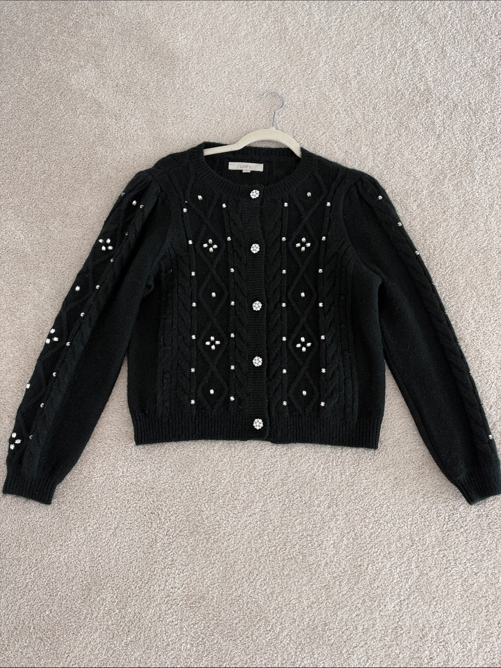 LOFT Black Pearl-Embellished Cable Knit Cardigan